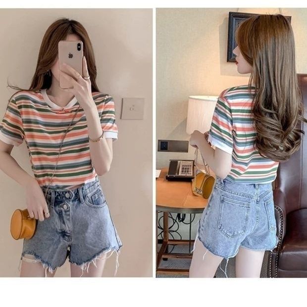 ボーダー服 ボーダー服 マルチボーダー丸首ゆったりTシャツ