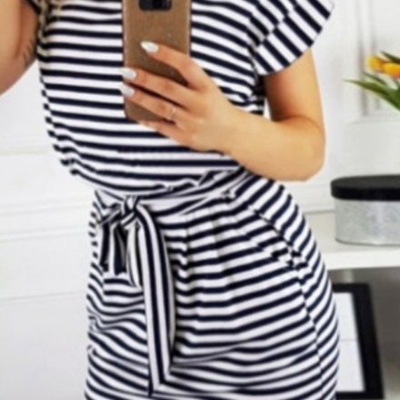 ボーダー服 爽やか海風リボン結びワンピース