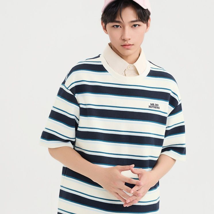 ボーダー服 爽やか重ね着風ボーダーポロシャツ