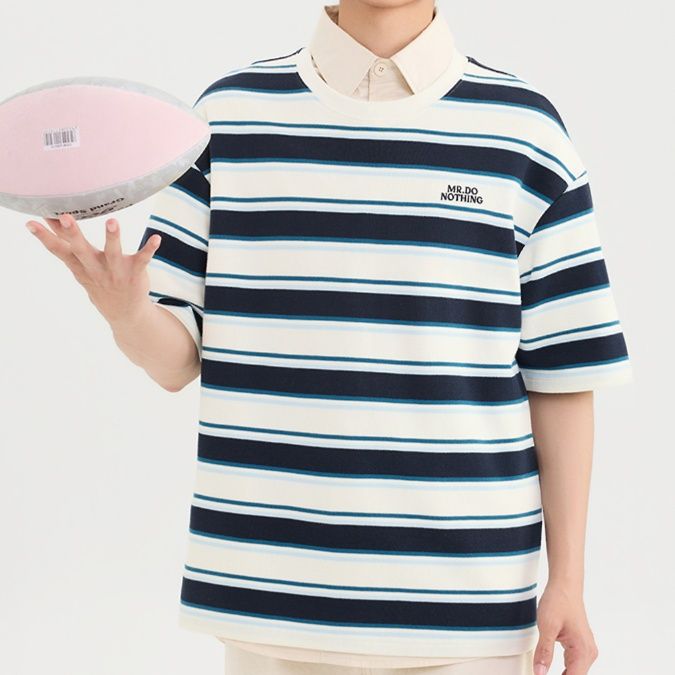 ボーダー服 爽やか重ね着風ボーダーポロシャツ