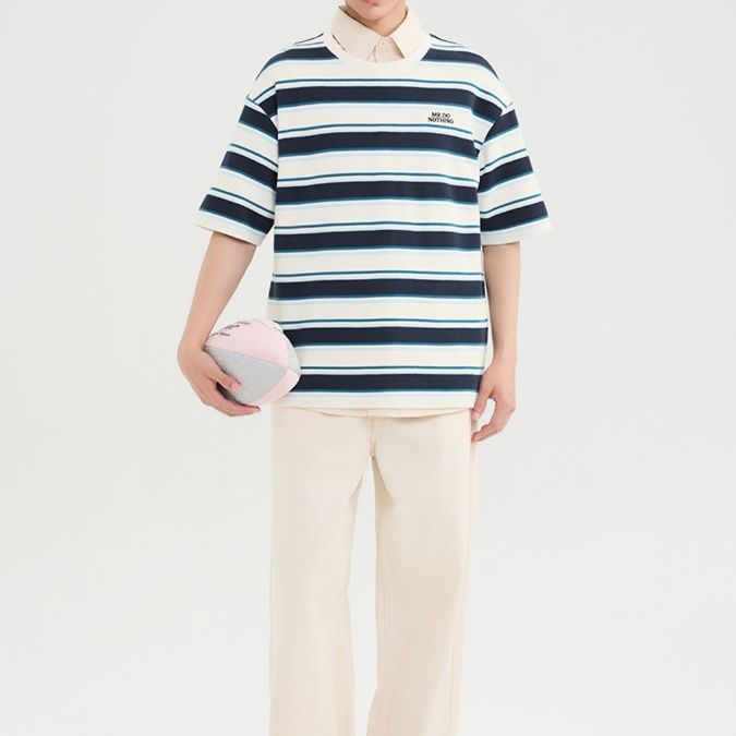 ボーダー服 爽やか重ね着風ボーダーポロシャツ