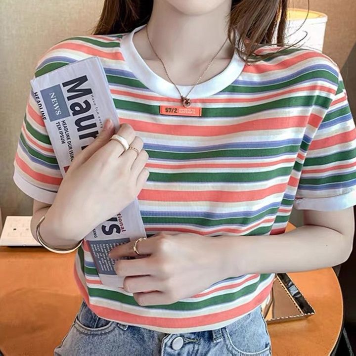ボーダー服 マルチボーダー丸首ゆったりTシャツ