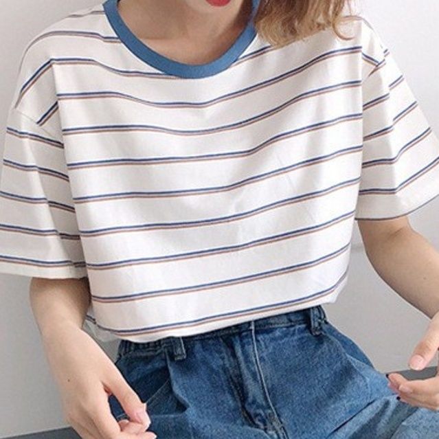 ボーダー服 リブ襟細ボーダー半袖Tシャツ