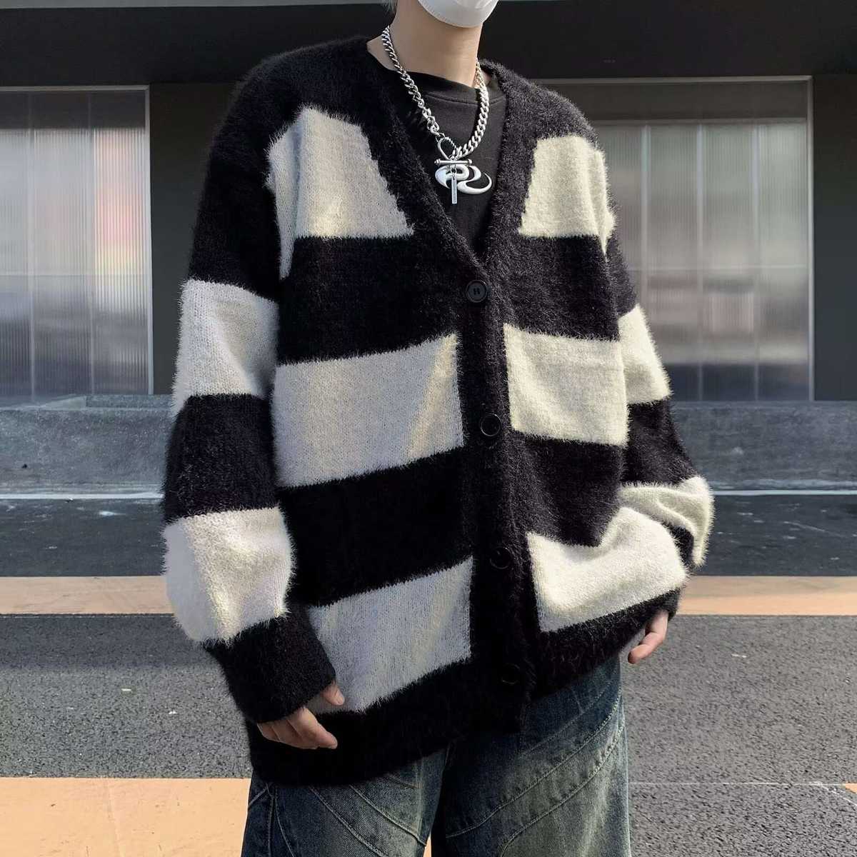 もこもこ大判ブロックチェックカーディガン ボーダー服