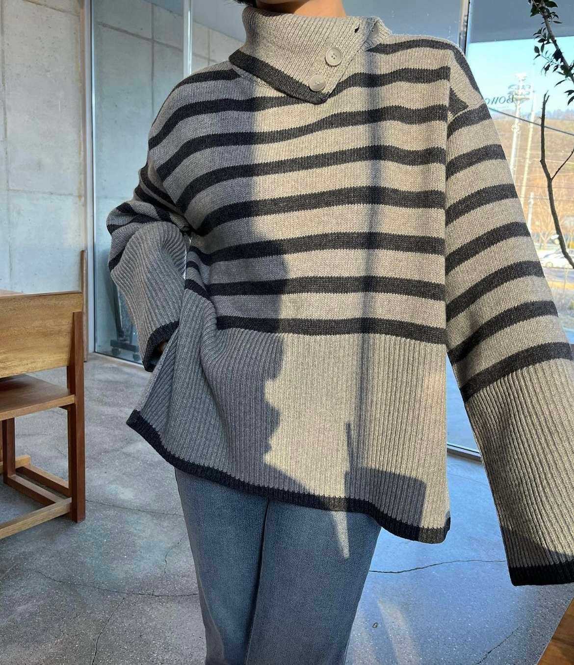 ボーダーニットオーバーサイズタートルネック ボーダー服