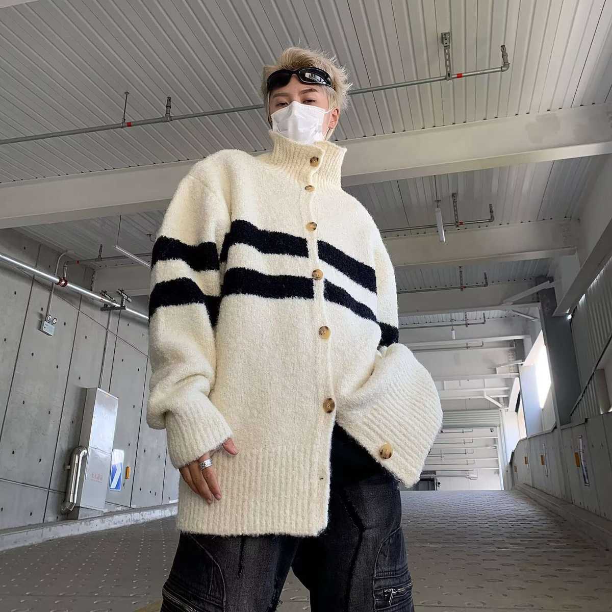 モコモコボーダーニットカーディガン ボーダー服