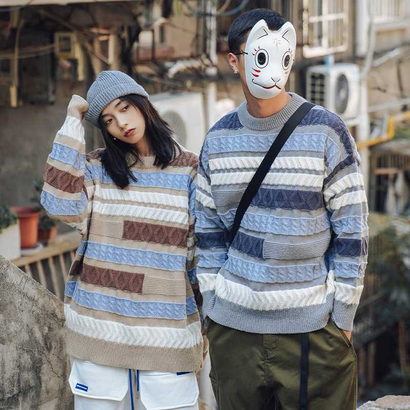 冬季ボーダーケーブル編みニット ボーダー服