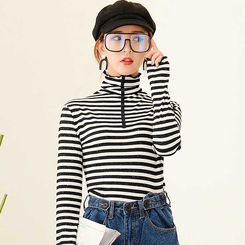 シンプルボーダータートルネック長袖プルオーバー ボーダー服