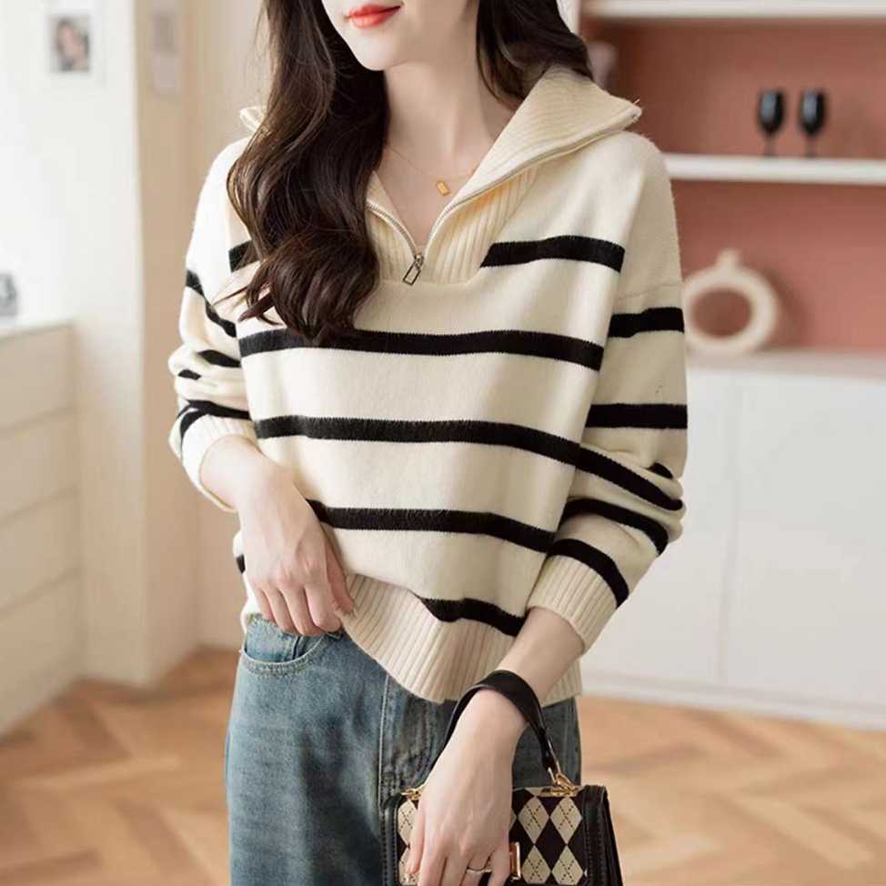 ボーダー服 ハーフジップ ボーダーニットトップス