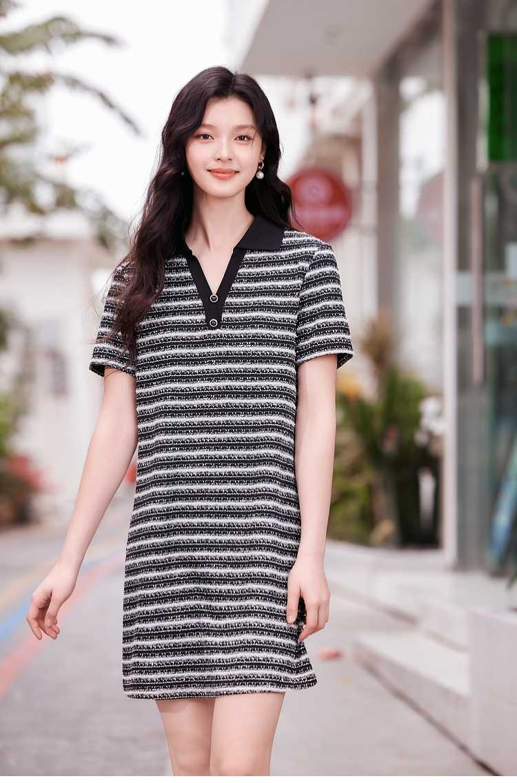 ボーダー服 縞模様ポロ襟さわやか半袖ワンピース