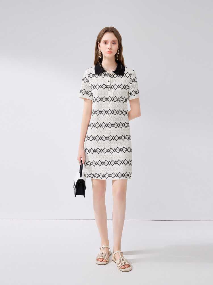 ボーダー服 菱形模様ニットポロワンピース
