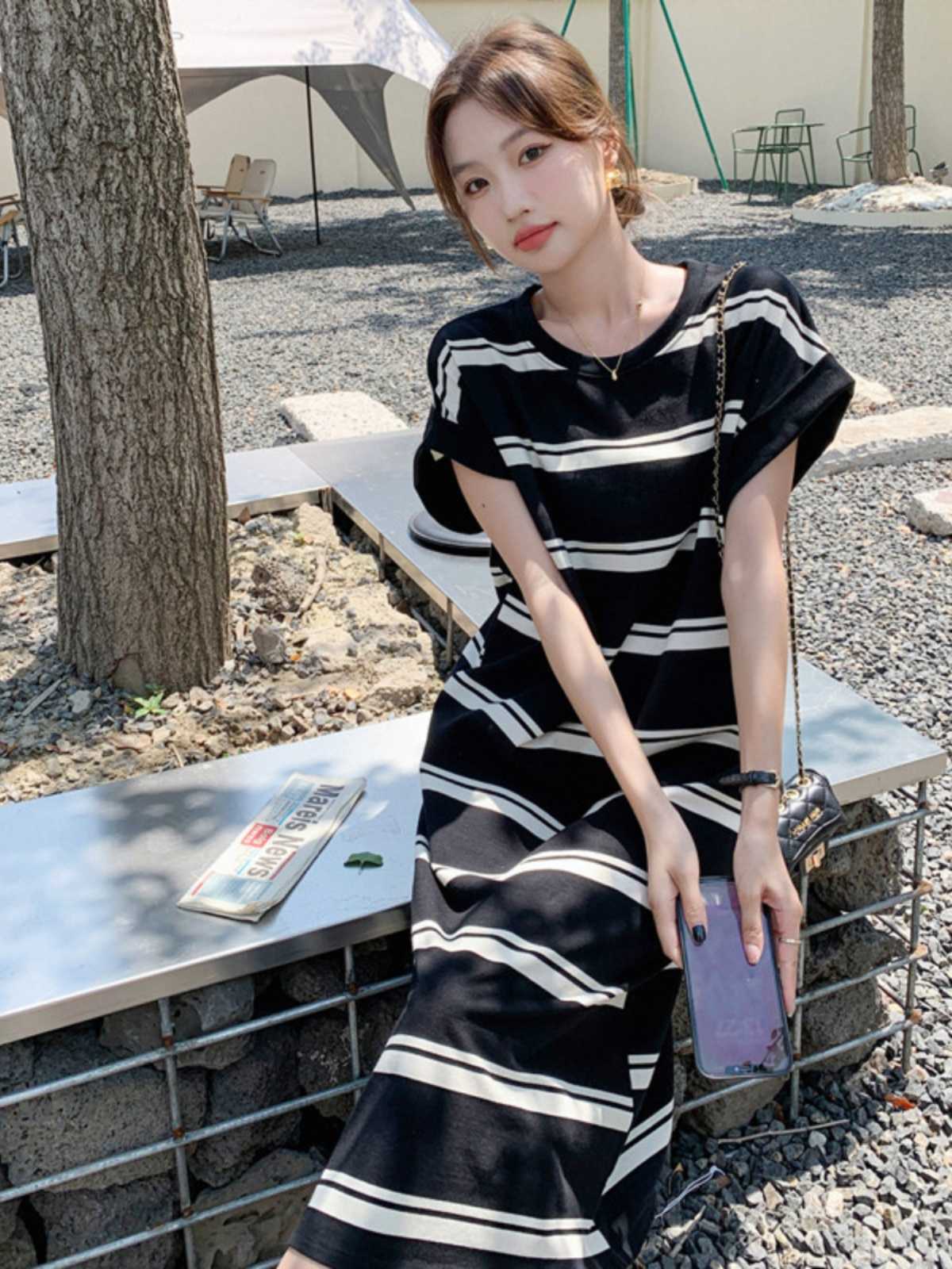 ボーダー服 ボーダー服 ゆったりボーダー半袖マキシワンピース