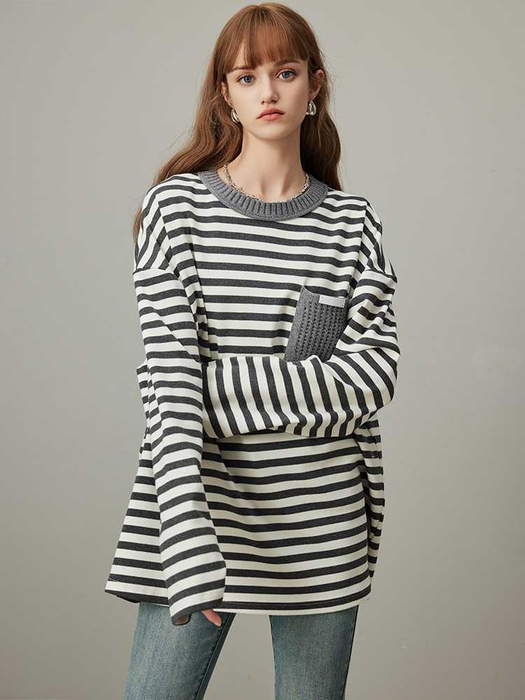 ボーダー リブ襟ポケット付きボーダー長袖