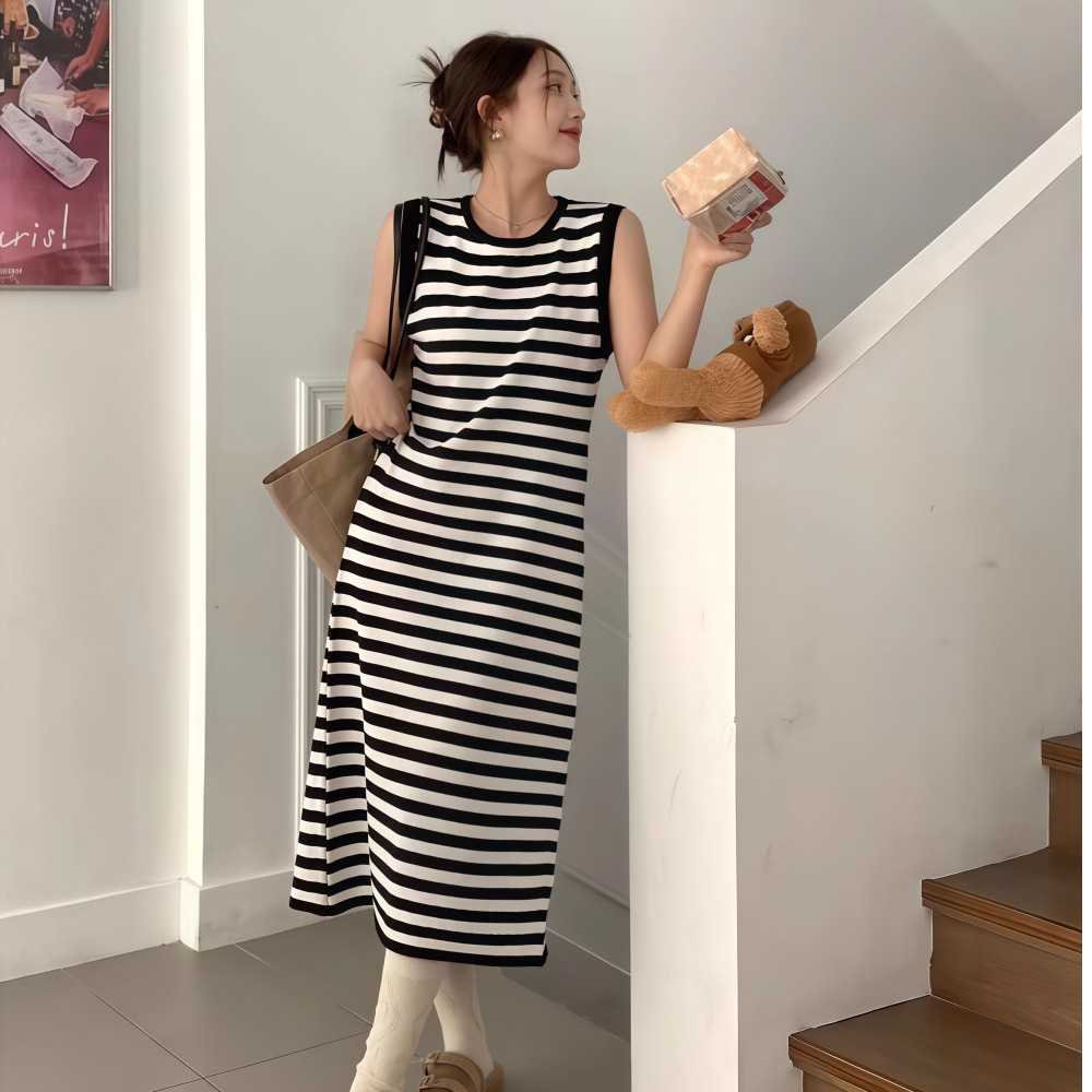 ボーダー マリン風ボーダーノースリーブワンピース