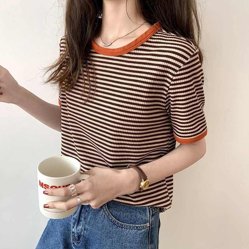 ボーダー服 バイカラー配色ボーダーニットシャツ