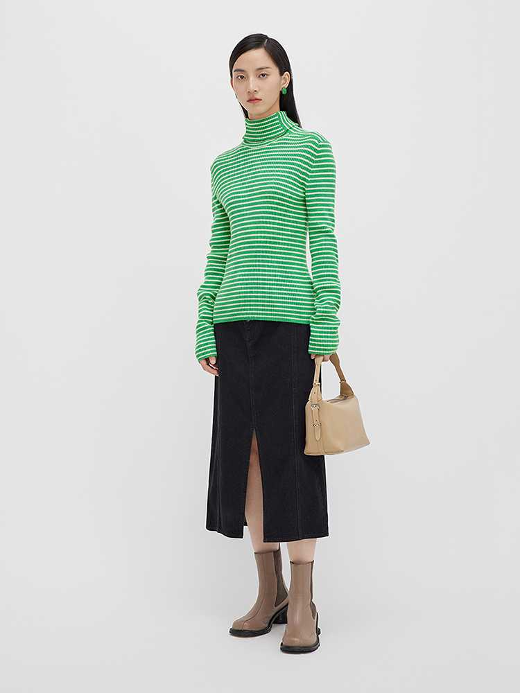 ボーダー服 リブ編み細ボーダータートルネック