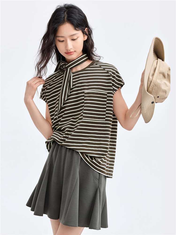 ボーダー服 リボン付きボーダーカットソー