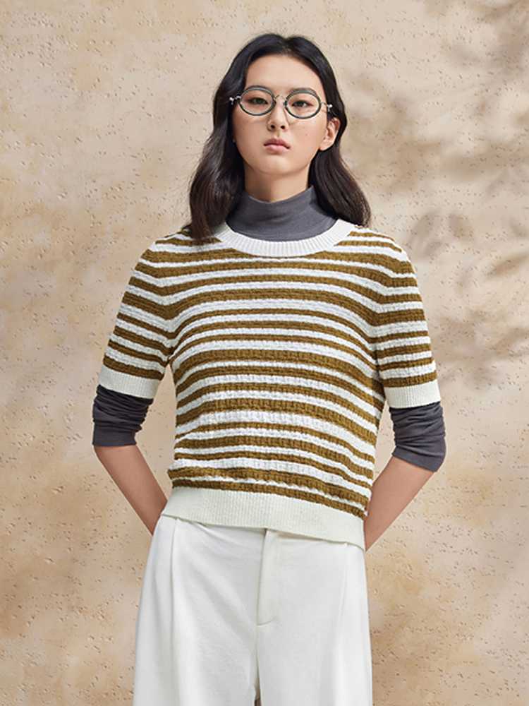 ボーダー服 重ね着風ボーダーショートニット