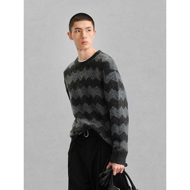 ボーダー服 波模様ボーダークルーネックセーター