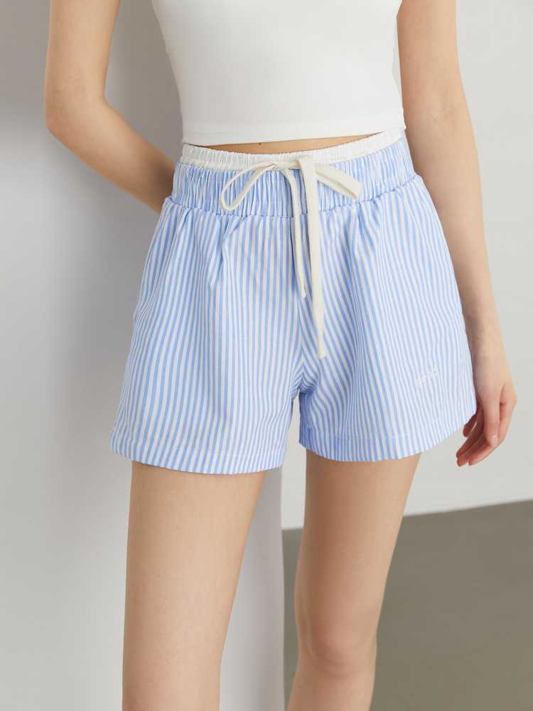 ボーダー服 涼やか紐付きストライプショートパンツ