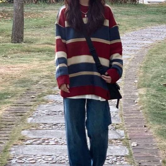ゆったりオーバーサイズボーダーニット ボーダー服