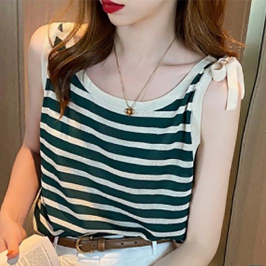 ボーダー服 タンクトップ ボーダー柄ニットタンクトップ 肩紐リボン付きキャミソール