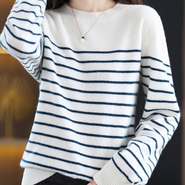 ボーダー服 ニット セーター 細ボーダー柄 長袖 ラウンドネック 秋冬