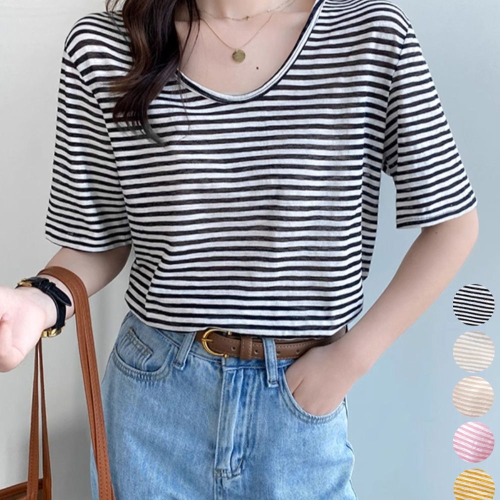 ボーダー服 Tシャツ ボーダー柄半袖Tシャツ Vネック夏用薄手トップス