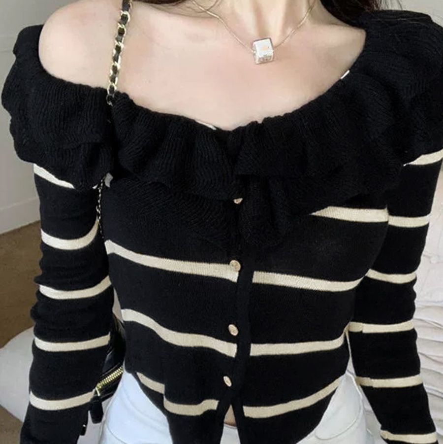 ボーダー服 フリル襟ニットカーディガン ボーダー柄長袖秋服