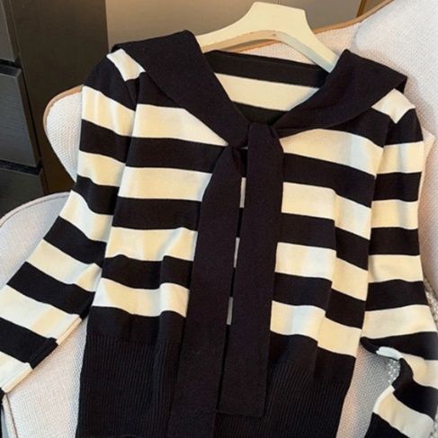 ボーダー服 レディース フェイクショール付き ボーダー柄 ニットトップス