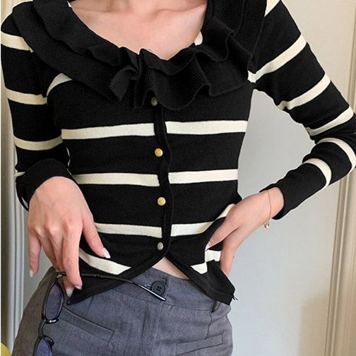 ボーダー服 フリル襟ニットカーディガン ボーダー柄長袖秋服