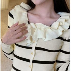 ボーダー服 フリル襟ニットカーディガン ボーダー柄長袖秋服