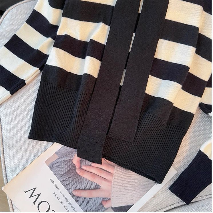 ボーダー服 二ットレディース フェイクショール付き ボーダー柄 ニットトップス