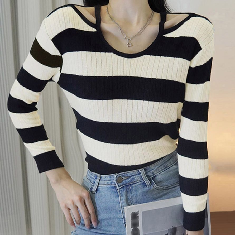 ボーダー服 ボーダー柄ホルターネックリブニット長袖トップス