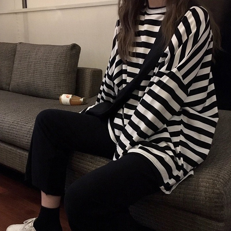 ボーダー服 ボーダー服 ゆったり横縞長袖ティーシャツ