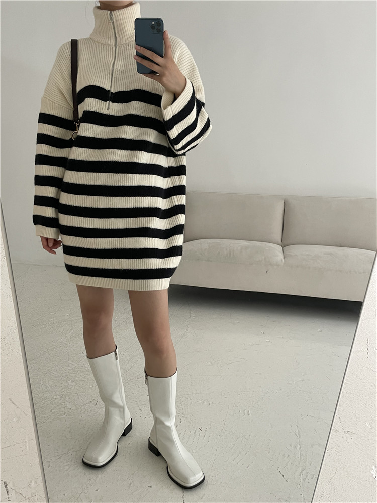 ボーダー服 ジッパー付きボーダーニットワンピース厚手暖かセーター