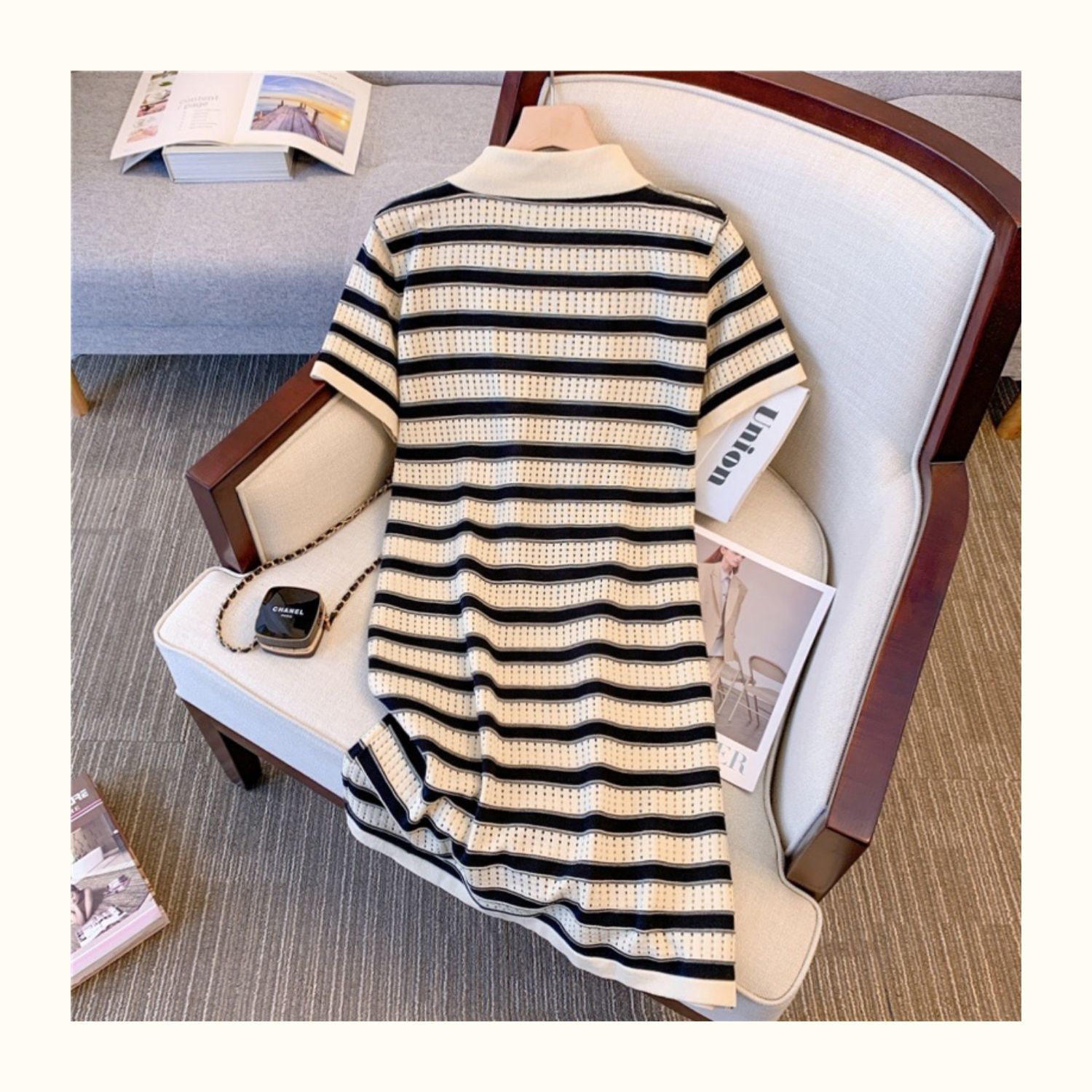ボーダー服 ボーダー服 襟付き刺繍ボーダーワンピース