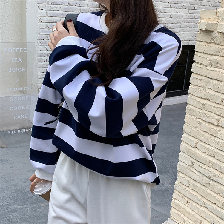 ボーダー服 ロンT ゆったり暖かボーダー柄厚手丸首ロンT