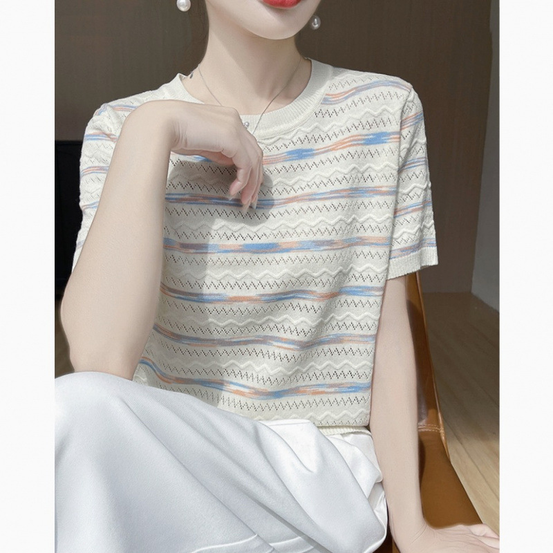 ボーダー服 透かし編みボーダー半袖ニット
