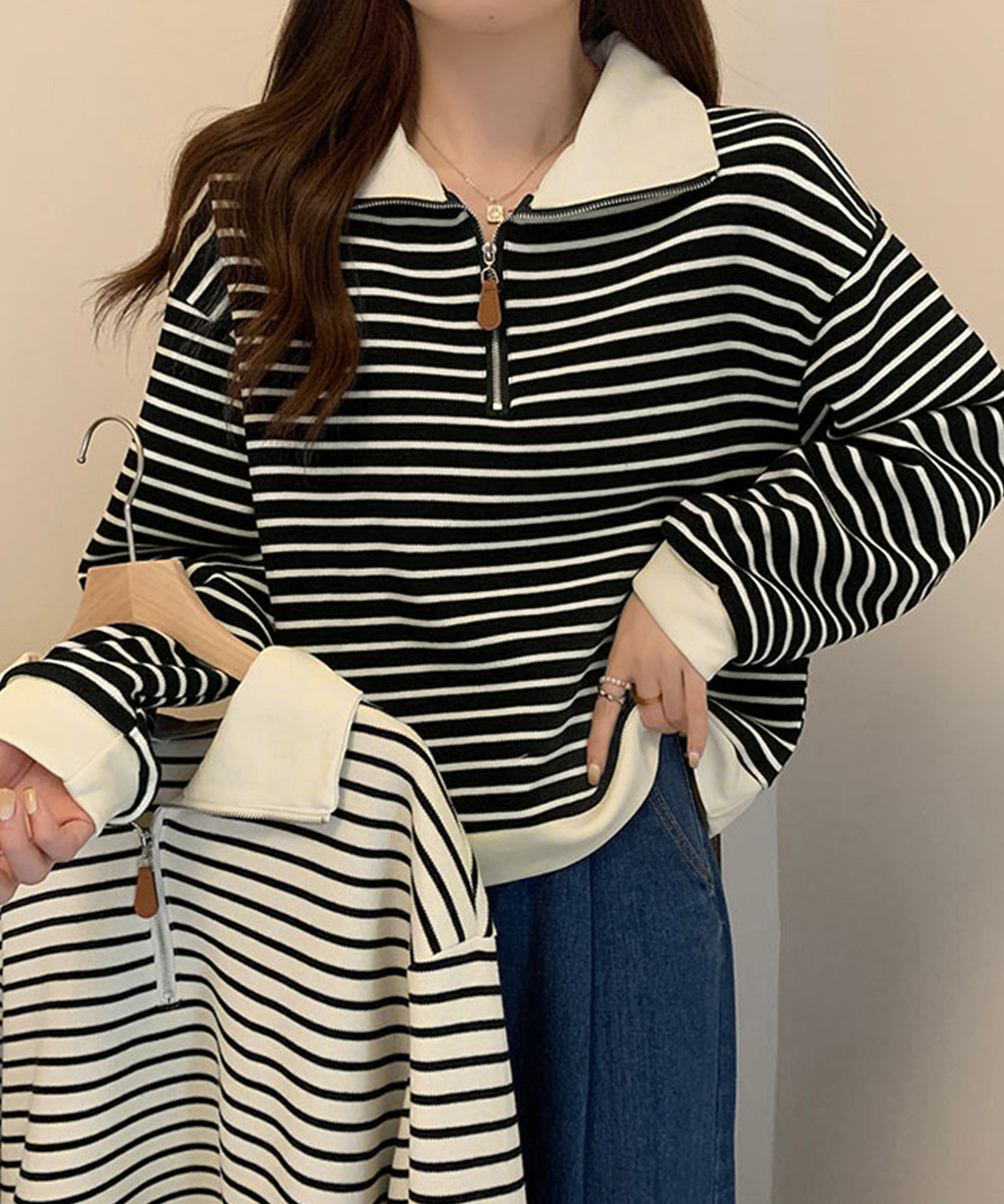 ボーダー服 ハーフジップ襟付きボーダーニット長袖