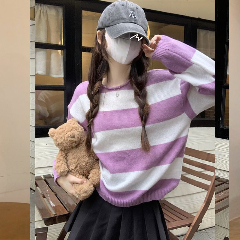 ボーダー服 二〇二三年新作 女性用丸首ボーダーニットセーター 紫白横縞