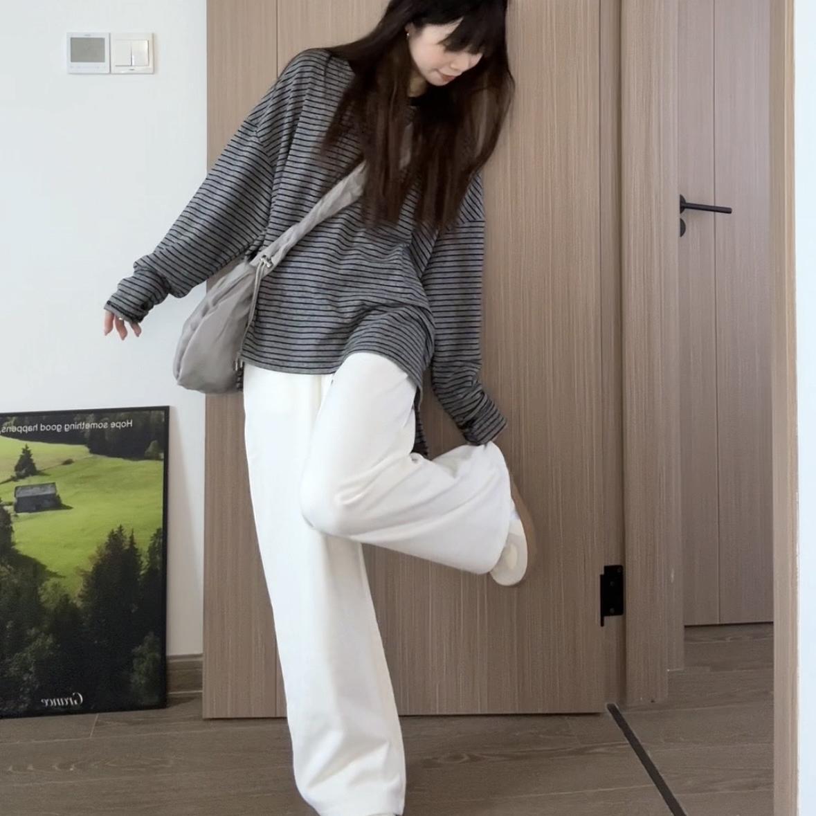 ボーダー服 ゆったりボーダー長袖カットソー
