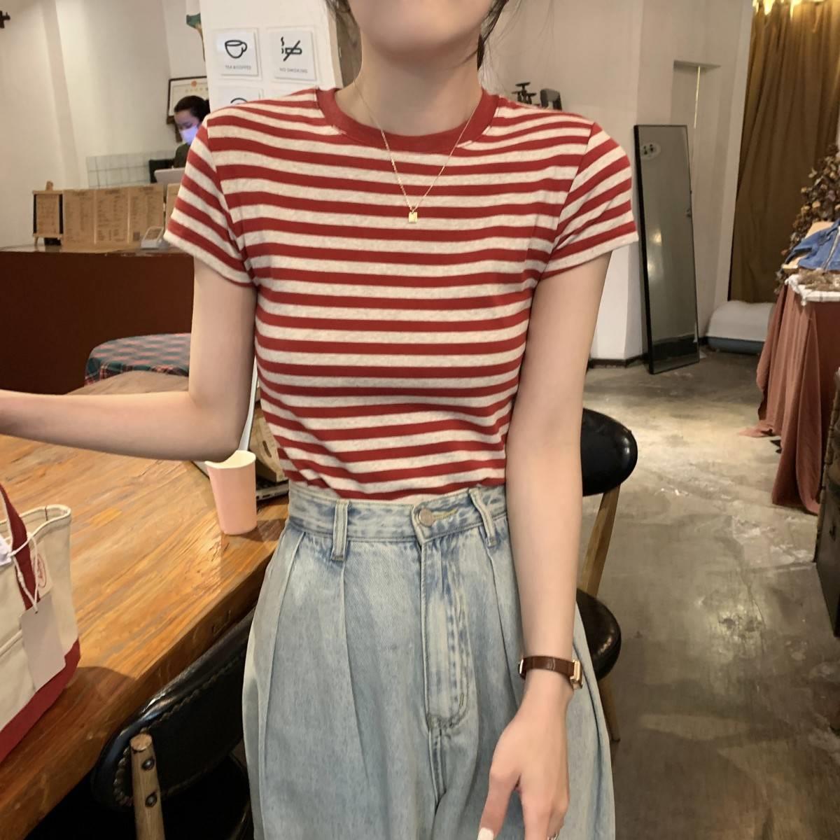 ボーダー クラシック横縞リブネックTシャツ