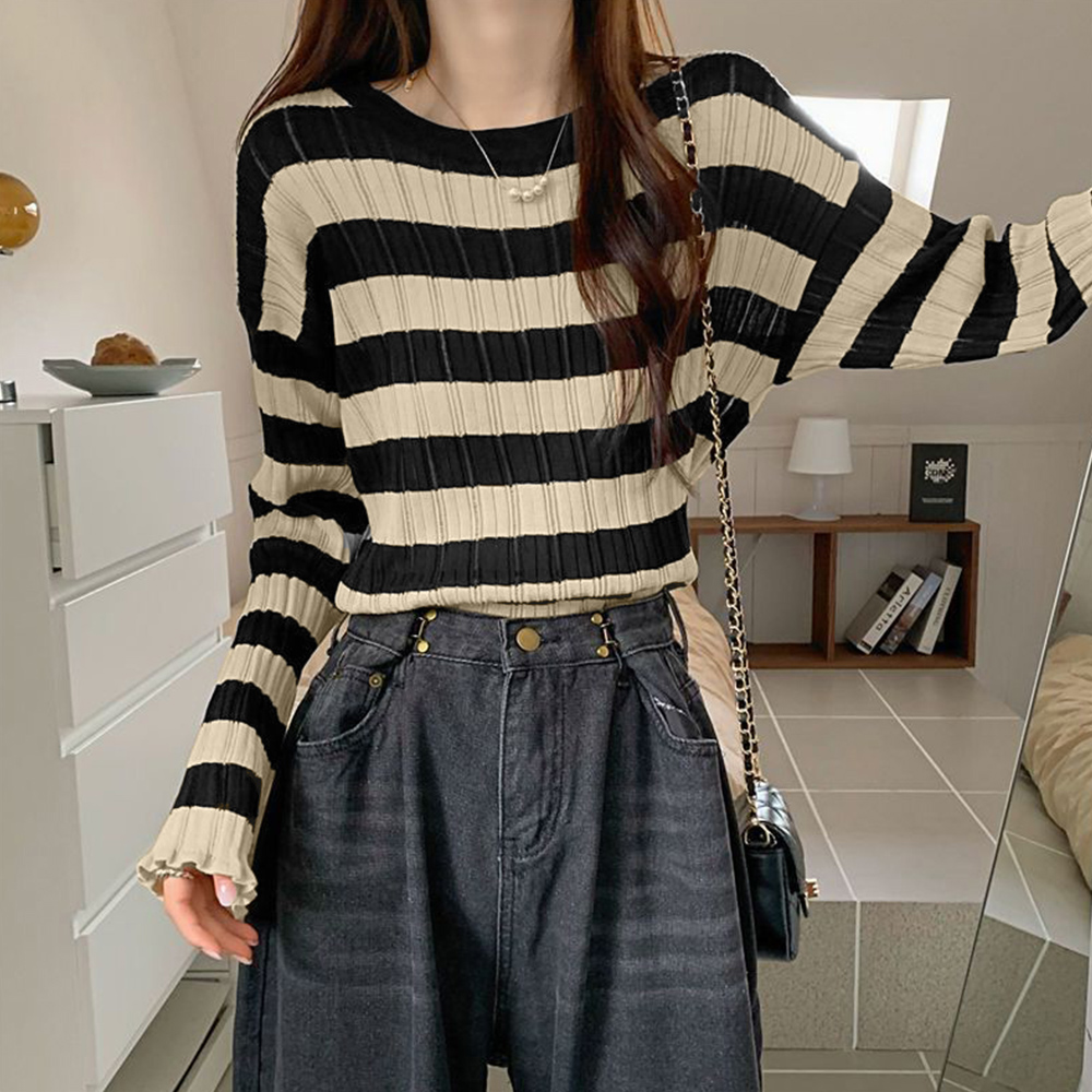 ボーダー服 ボーダー柄リブニットトップス長袖