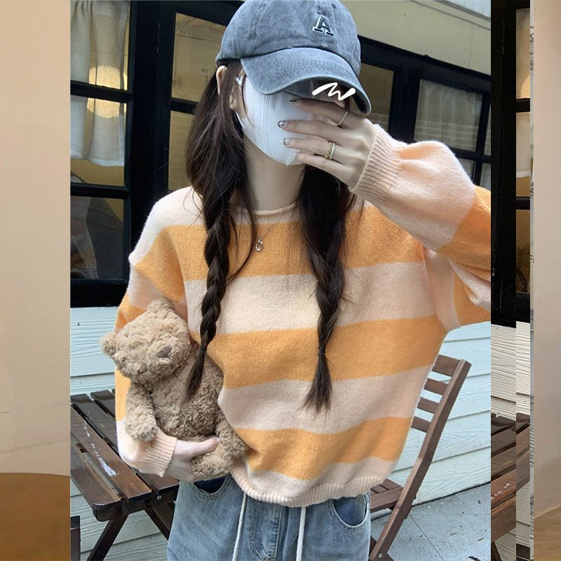 ボーダー服 二〇二三年新作 女性用丸首ボーダーニットセーター 紫白横縞