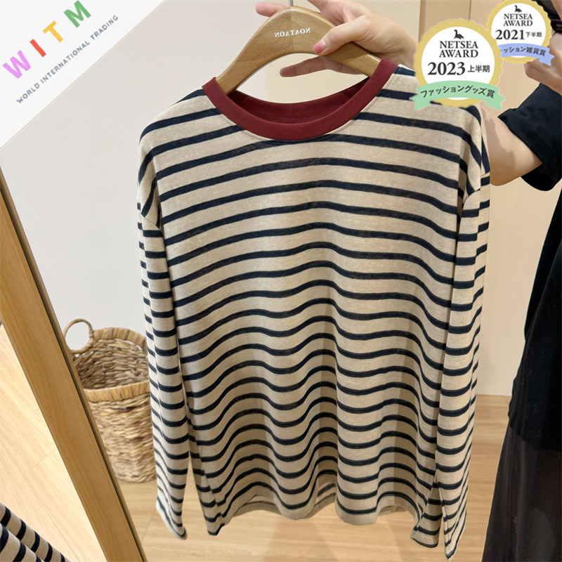 ボーダー服 新作ボーダー柄長袖トップス春秋レディース