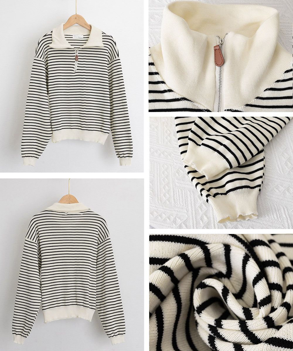 ボーダー服 ハーフジップ襟付きボーダーニット長袖
