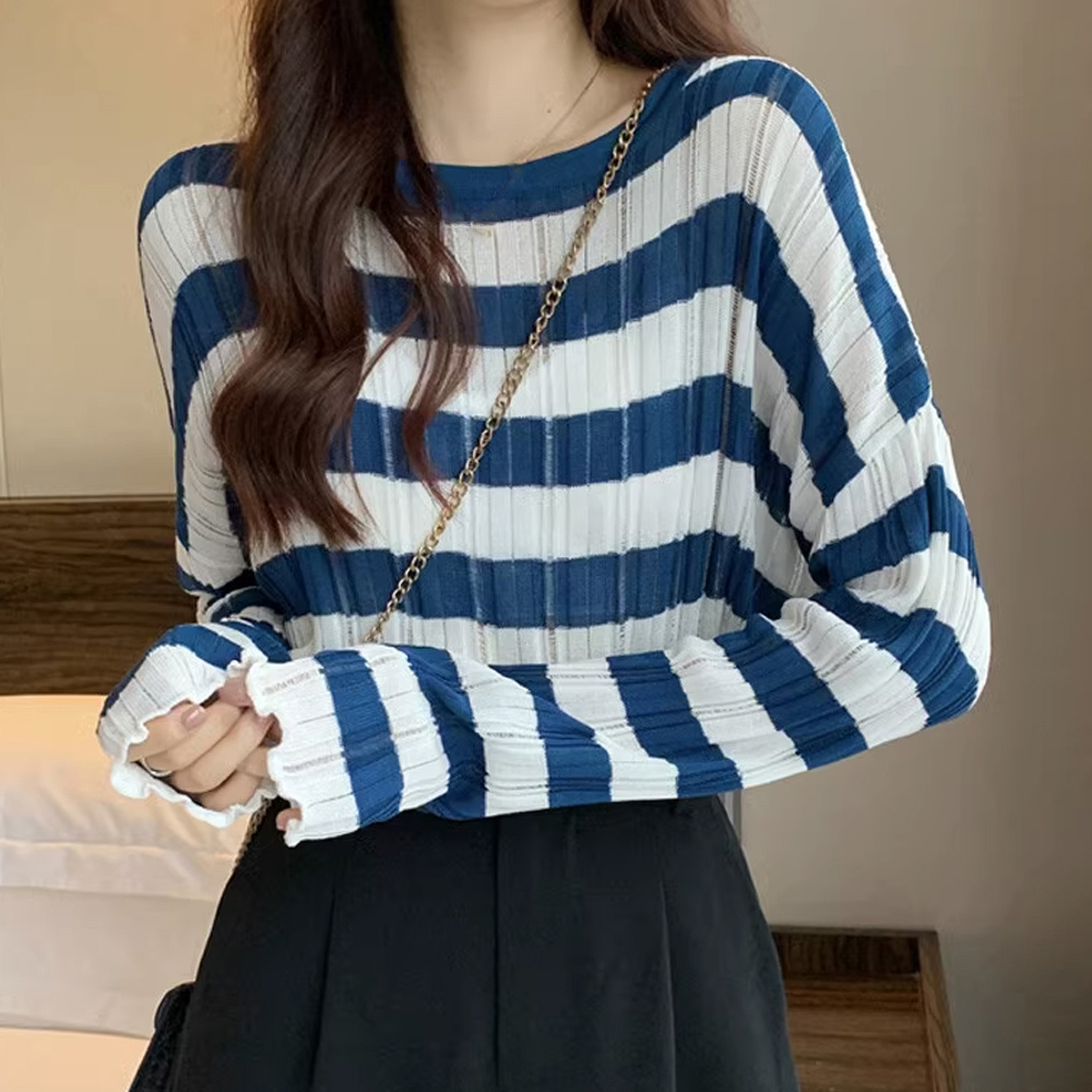 ボーダー服 ボーダー柄リブニットトップス長袖