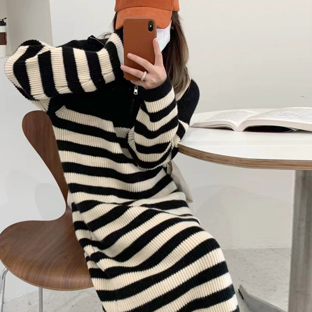 ボーダー服 ボーダーニット長袖ワンピース 襟付きジップ