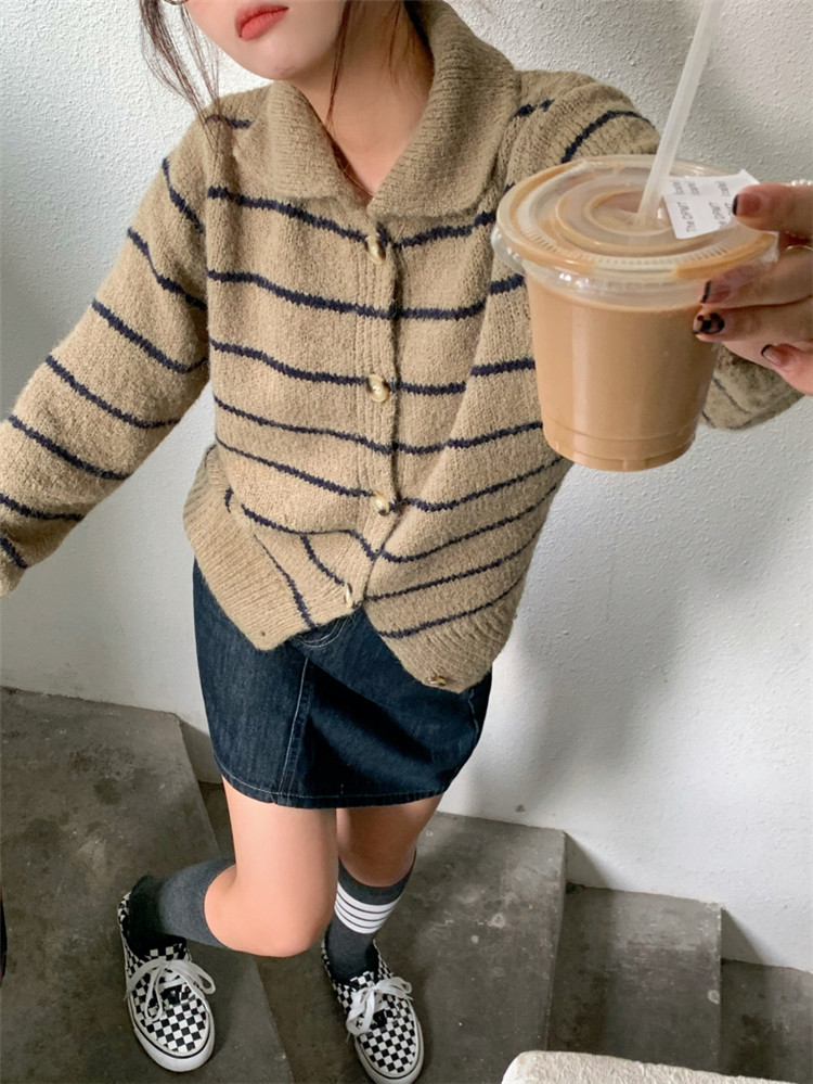 ボーダー服 復古気質ボーダーカーディガン長袖ニット